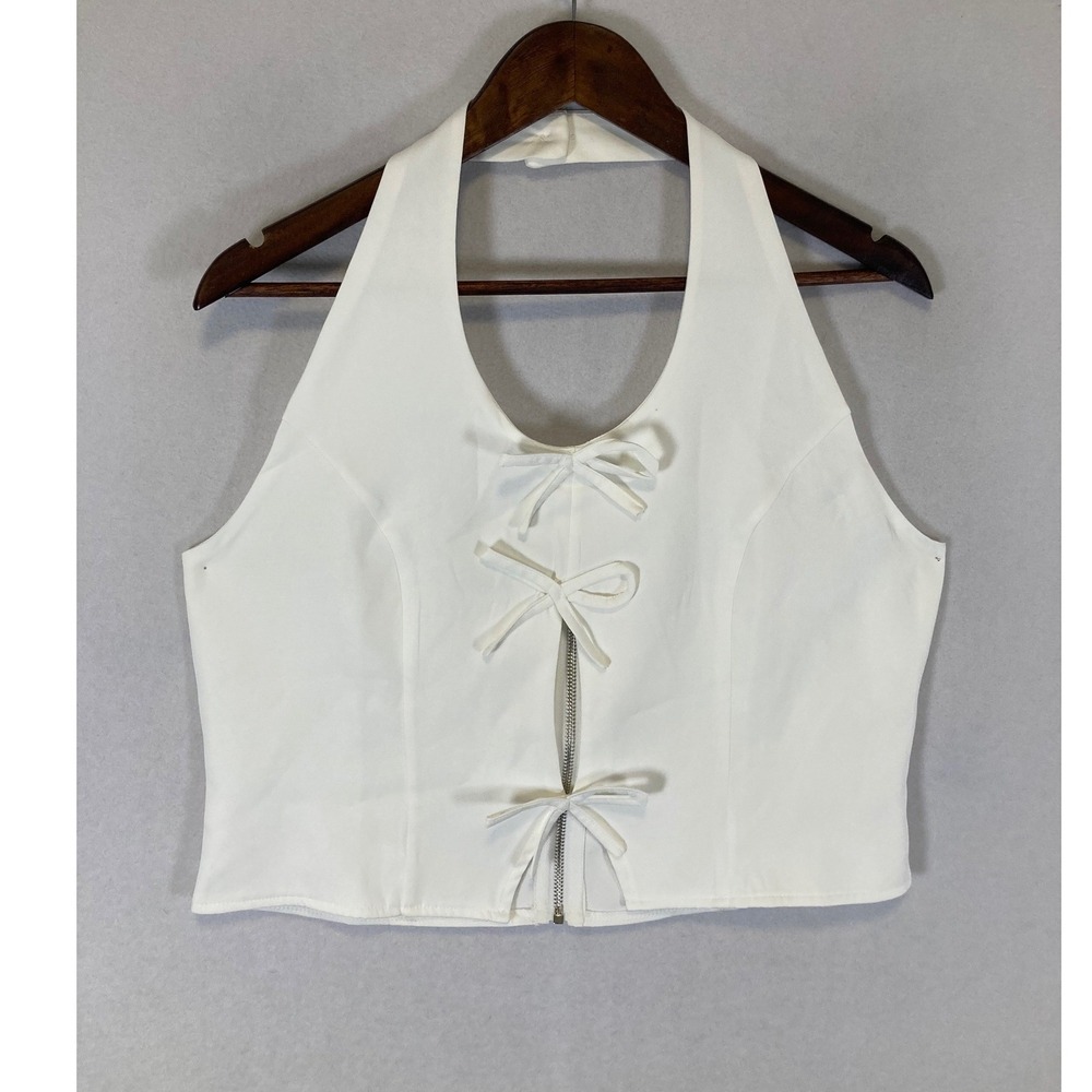 Coquette Clean Girl Womens‎ XL White Bow Front Halter Zip Crop Top